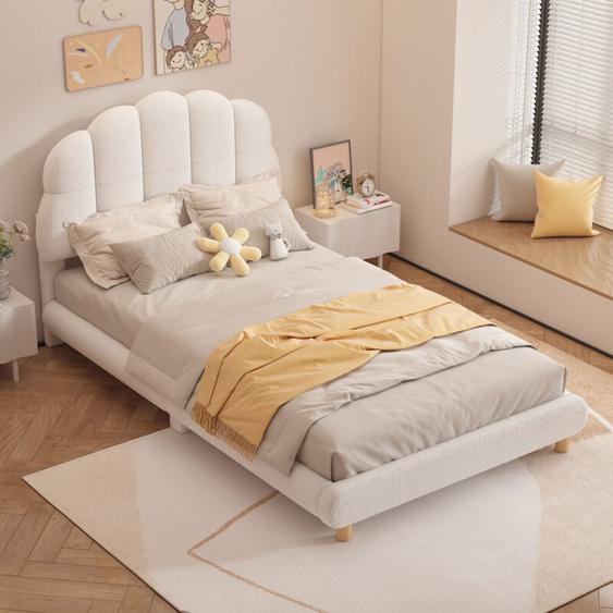 Lit simple denfant 90x200 cm lit rembourré avec tête de lit capitonné et sommier en bois, en peluche, blanc, sans matelas