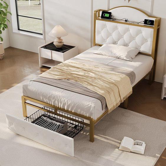 Lit simple Lit capitonné avec chargeur USB Type C et tiroir - Beige