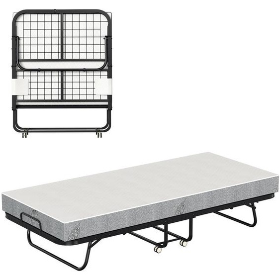 Lit simple rabattable Eikuavons, dimensions 90x200 cm, avec matelas, 4 roulettes verrouillables et structure métallique robuste