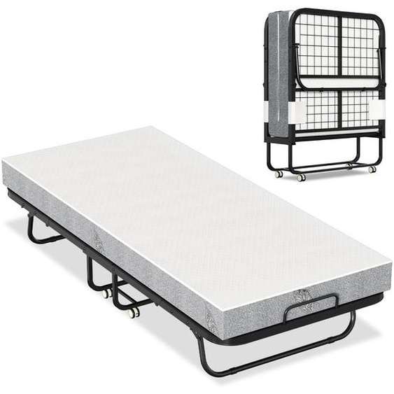 Lit simple rabattable Peviasot, dimensions 90x200 cm, avec matelas, 4 roulettes verrouillables et structure métallique robuste
