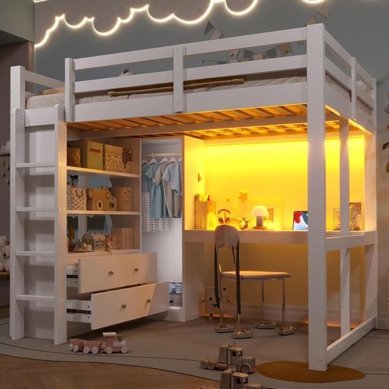 Lit superposé 140 x 200 cm avec 2 tiroirs, étagères, bureau, éclairage LED, ports USB et placard ouvert, lit simple, blanc, en bois de pin