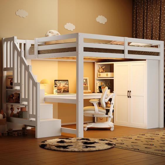 Lit superposé 140x200 cm avec bureau, étagère, armoire, escalier de rangement, éclairage LED et ports USB, en bois de pin/MDF, de couleur blanche
