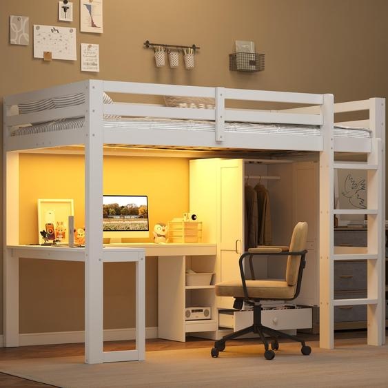 Lit superposé 140x200 cm avec bureau, étagères, armoire, escalier, port USB et éclairage LED, 15 lattes, en MDF et pin, de couleur blanche
