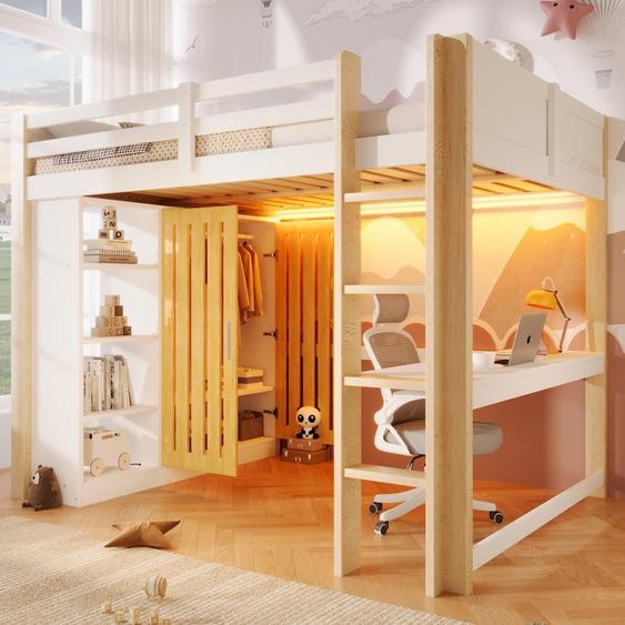 Lit superposé 140x200 cm avec éclairage LED, armoire, étagères ouvertes et bureau, en bois de pin/MDF/contreplaqué, finition blanc et bois naturel, sans matelas