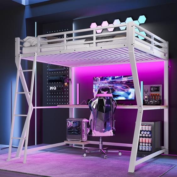 Lit superposé 140x200 cm avec éclairage LED, bureau, étagère pour ordinateur, prise électrique et port USB, barrière de sécurité et escalier, structure en métal et panneaux en MDF, couleur blanche