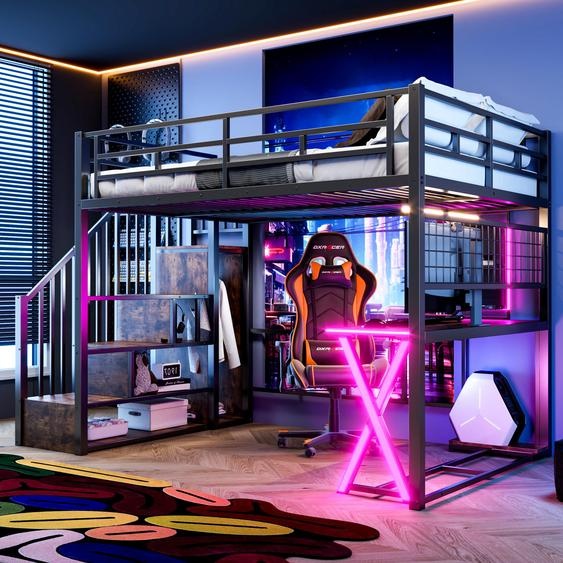 Lit superposé 140x200 cm avec éclairage LED, bureau, étagères, armoire et étagères, en métal et MDF, de couleur noire