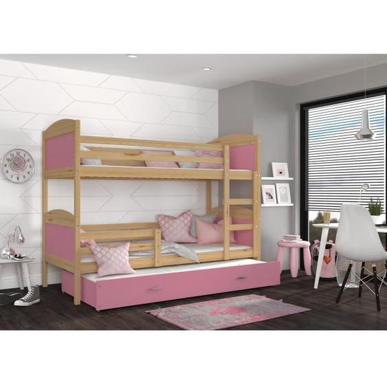 LIT SUPERPOSE 3 PLACES MATEO 90x190 PIN NATUREL+ROSE Livré avec tiroir, 3 sommiers et 3 matelas en mousse de 7cm OFFERTS
