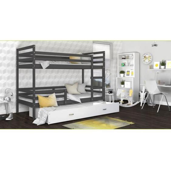 LIT SUPERPOSE 3 PLACES MILO 90x190 GRIS BLANC Livré avec tiroir, 3 sommiers et 3 matelas en mousse de 7cm OFFERTS