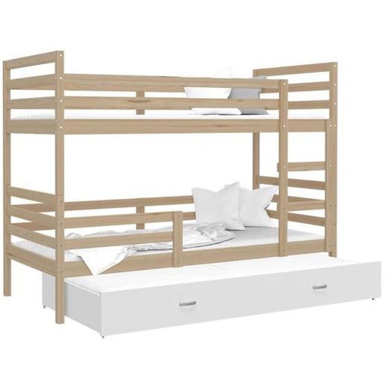 LIT superposé 3 Places Milo 90×190 Pin Blanc livré avec sommier, tiroir et matelas de 7cm OFFERT.