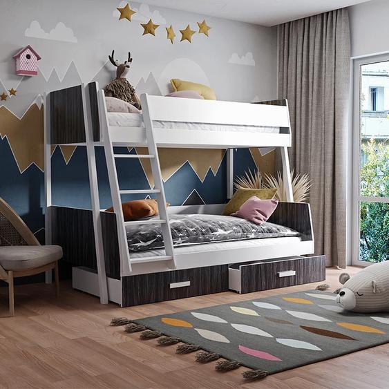 Lit superposé 3 places MORITZ avec grand lit en bas - Blanc - 90/120 cm x 200 cm - Pin massif et mélaminé