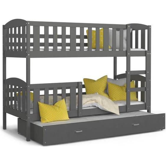 LIT SUPERPOSE 3 PLACES TÉO 90x190 GRIS GRIS Livré avec 3 sommiers et 3 matelas en mousse de 7cm OFFERTS