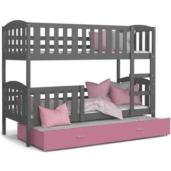LIT SUPERPOSE 3 PLACES TÉO 90x190 GRIS ROSE Livré avec 3 sommiers et 3 matelas en mousse de 7cm OFFERTS