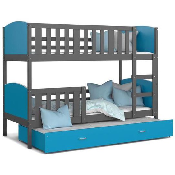 Lit superposé 3 places Tomy 90x190 GRIS BLEU Livré avec 3 sommiers et 3 matelas en mousse de 7cm OFFERTS