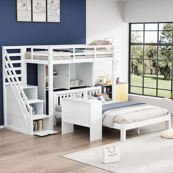 Lit superposé 90+140×200cm - Lit Enfant Avec Escalier De Rangement Et Table DAppoint Mobile, Sommier Inclus - Bois Blanc