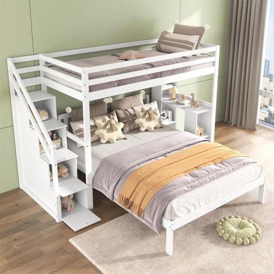 Lit superposé, 90*200cm+140*200cm, avec rangement, sans matelas, pin + MDF, blanc