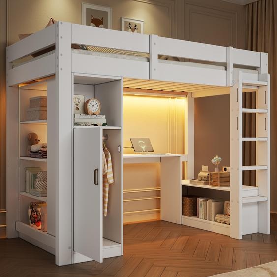 Lit superposé 90 x 200 cm avec armoire, étagères, bureau, éclairage LED et port USB, lit-bureau, blanc, en bois de pin et MDF