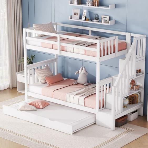 Lit superposé 90 x 200 cm,étagère descalier,garde-corps hauts,Espace de Rangement intégré,avec sommier à lattes,Lit Enfant,Blanc