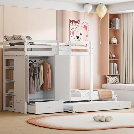 Lit superposé 90 x 200 cm lit gigogne armoire tiroirs compartiment rangement Blanc