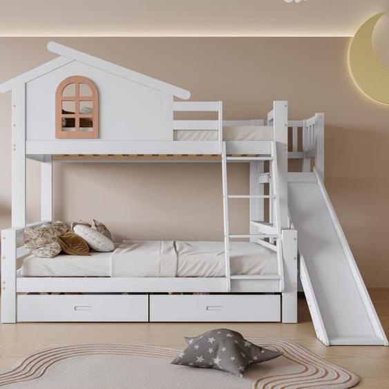 Lit superposé 90x200 cm & 120x200cm, avec toboggan et deux tiroirs, structure en bois massif, blanc