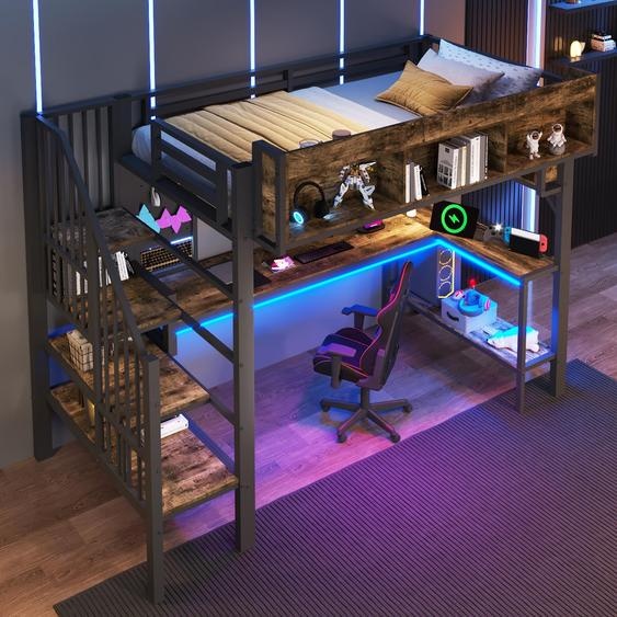 Lit superposé 90x200 cm avec bureau dangle, espace de rangement, panneau perforé, éclairage LED, 2 prises électriques, ports USB et Type-C, sommier à lattes, coloris marron vintage et noir