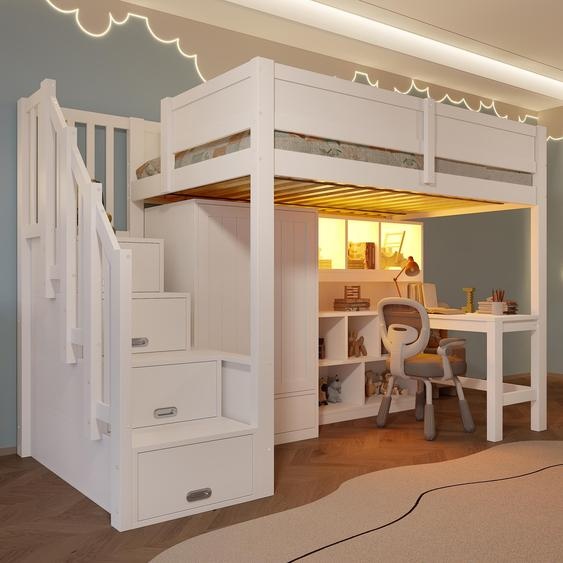 Lit superposé 90x200 cm avec bureau, étagère, armoire, escalier de rangement et éclairage LED, 15 lattes, en MDF/pin, blanc