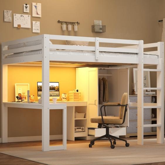 Lit superposé 90x200 cm avec bureau, étagères, armoire, escalier, port USB et éclairage LED, en MDF et pin, de couleur blanche