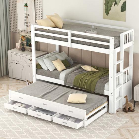 Lit superposé 90x200 cm avec lit gigogne, lit enfant avec échelle, barrières de sécurité et tiroirs, style simple - blanc