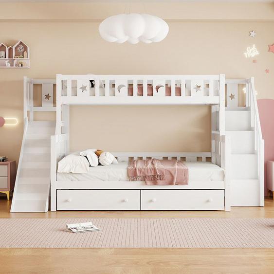 Lit superposé 90x200cm/140x200cm 3 personnes avec toboggan et tiroir,lit enfant en bois massif avec escaliers de rangement,blanc