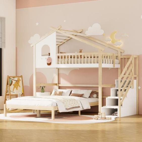 Lit superposé - Enfant - 90x200cm + 140x200cm - Bois de pin - Blanc + Naturel - Avec tiroirs