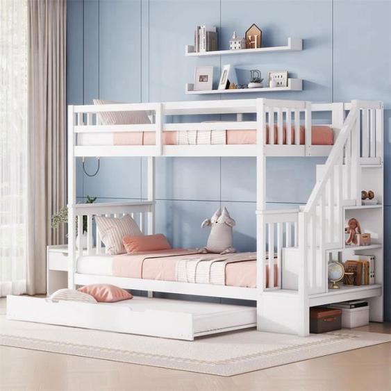 Lit superposé - Blanc - 90x200cm - Lit gigogne 90x190cm - Étagère escalier - Garde-corps hauts