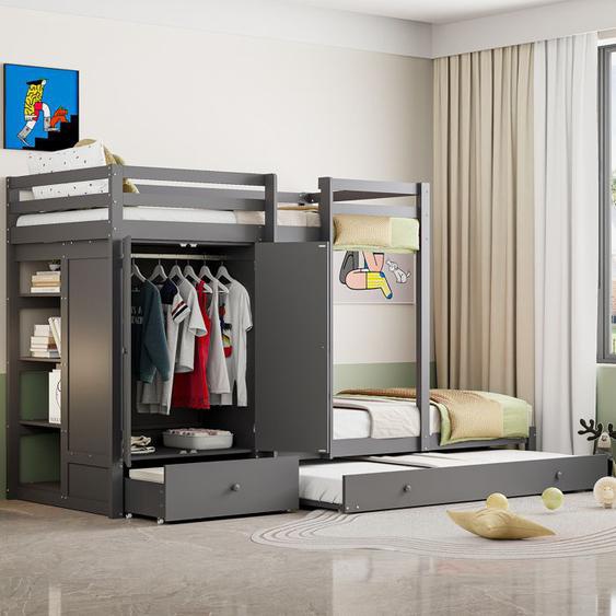 Lit superposé 90x200cm - Gris - Lit enfant - Avec lit gigogne - Armoire intégrée - Tiroirs de rangement