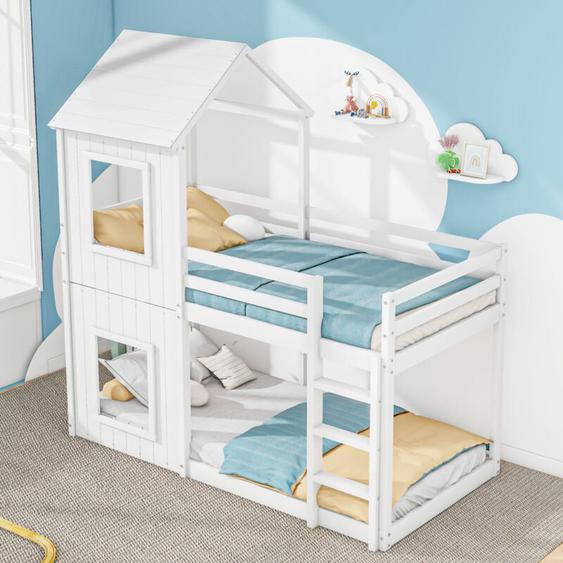 Lit superposé 90x200cm lit enfant avec barrière de protection, échelle et baldaquin, en bois massif de haut qualité, blanc
