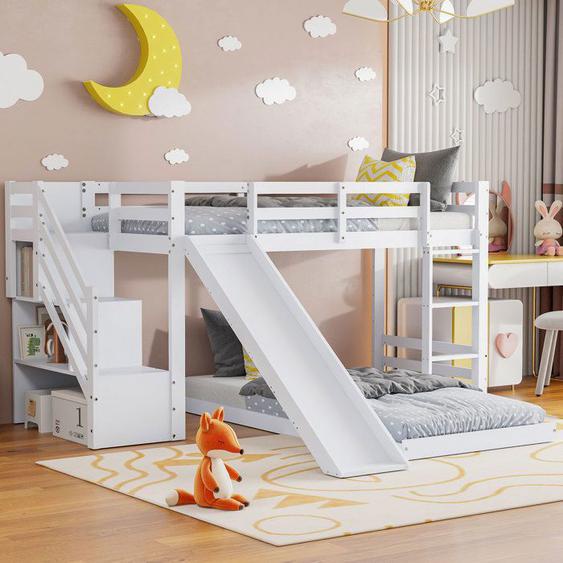 Lit superposé 90x200cm, lit enfant avec toboggan et escaliers de rangement, lit mezzanine 2 places, lit enbois de pin massif, blanc