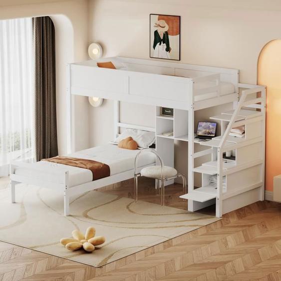Lit Superposé 90×200cm - Lit Enfant Double Avec Escalier Avec Rangement Caché, Rangement De Bureau Et Sommier à Lattes - Pin Blanc