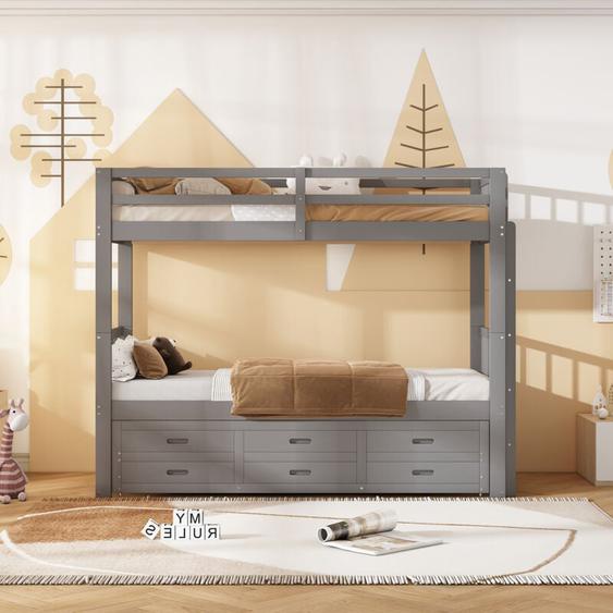 Lit superposé 90x200cm, lit enfant, lit cabane, cadre de lit en pin et mdf avec échelle et lit gigogne et 3 tiroirs, gris