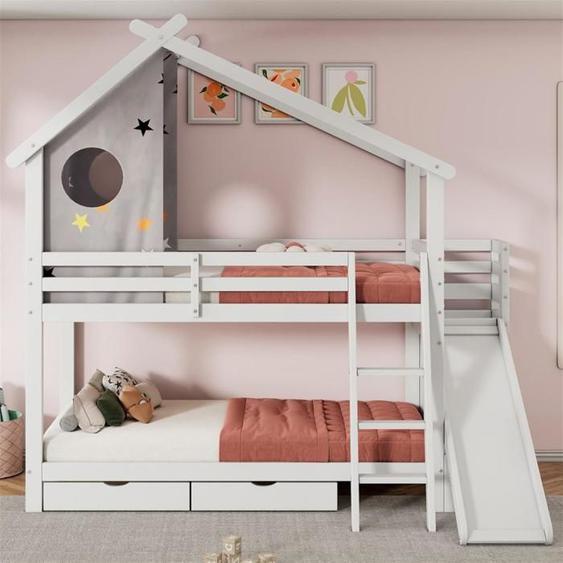 Lit superposé avec glissière et 2 tiroirs, avec armoire de rangement et rideau mobile, sans matelas, bois massif, 90*200cm, blanc