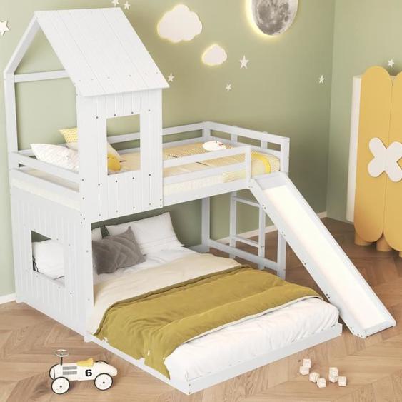 Lit superposé - Blanc - Lit cabane enfant - 90/140 x 200 cm - Bois pin - Toboggan inclus