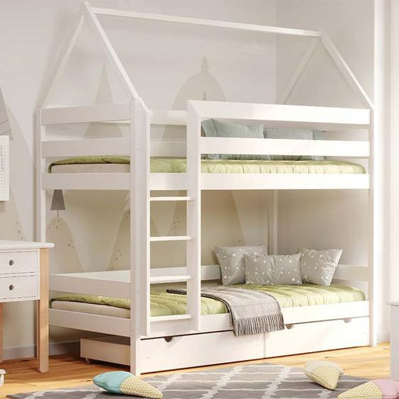 DOMEK 2 - Lit superposé cabane pour chambre enfant - Blanc - 80 cm x 160 cm - Pin Massif