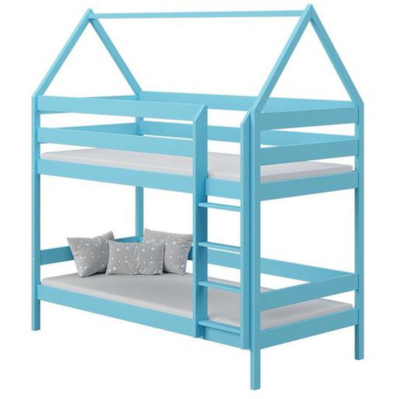 DOMEK 2 - Lit superposé cabane pour chambre enfant - Bleu - 80 cm x 160 cm - Pin Massif