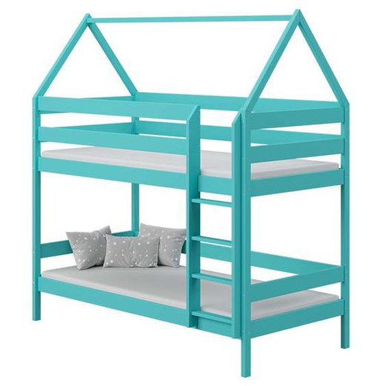 DOMEK 2 - Lit superposé cabane pour chambre enfant - Turquoise - 80 cm x 160 cm - Pin Massif