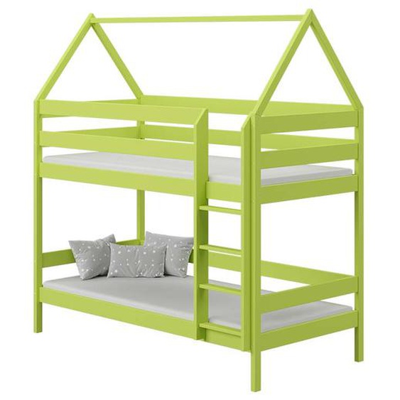 DOMEK 2 - Lit superposé cabane pour chambre enfant - Vert - 80 cm x 160 cm - Pin Massif