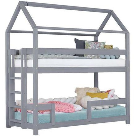 Lit superposé cabane MONTY 222 cm gris - GENERIQUE - Bois massif - A lattes - Enfant