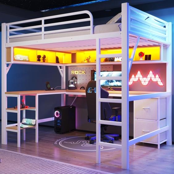 Lit superposé de jeu en métal, 140x200 cm, avec bibliothèque, bureau, armoire, port USB et éclairage LED, couleur blanche