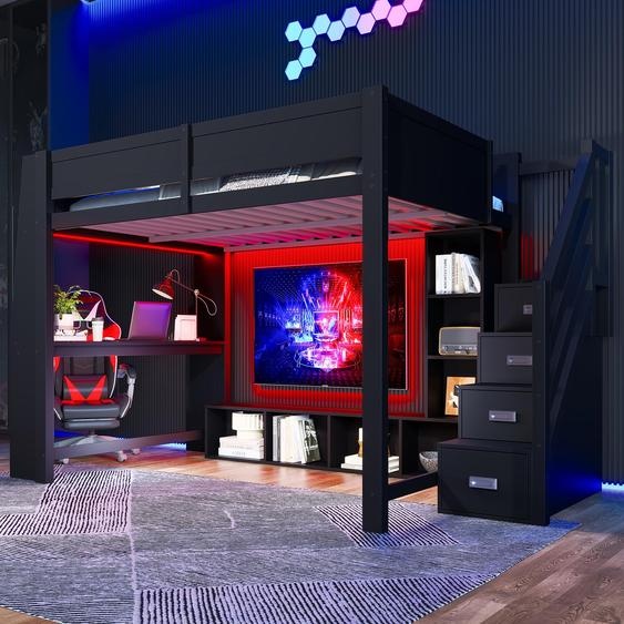 Lit superposé en bois, dimensions 140x200 cm, avec bureau, espace de rangement, éclairage LED et escalier, de couleur noire
