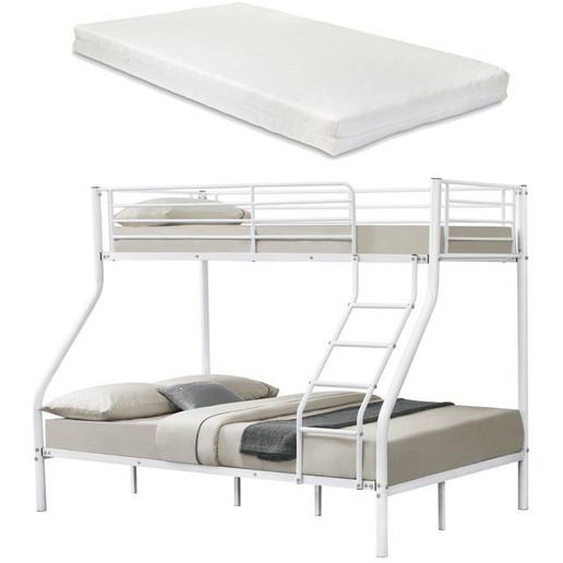 Lit superpose en Metal avec 2 Matelas Armature Massive pour 3 personnes 140 par 200 90 par 200 Blanc
