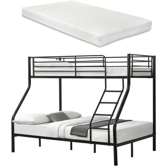 Lit superpose en Metal avec 2 Matelas Armature Massive pour 3 personnes 140 par 200 90 par 200 Noir