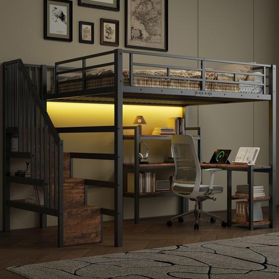 Lit superposé en métal de 140x200 cm avec escalier et espace de rangement, bureau, étagère à 3 niveaux, éclairage LED contrôlable par application/Bluetooth et station de charge USB, couleur noire