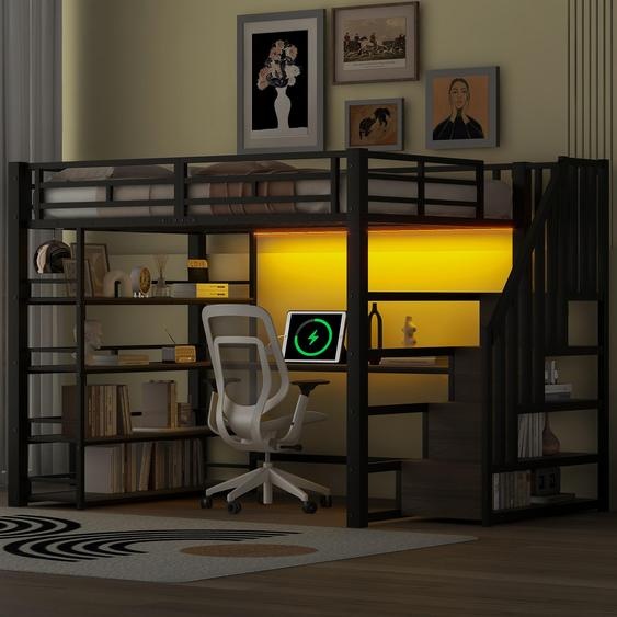 Lit superposé en métal, dimensions 140x200 cm, avec escalier et espace de rangement, bureau intégré, étagère à 4 niveaux, éclairage LED avec contrôle via application et station de charge USB, couleur noire