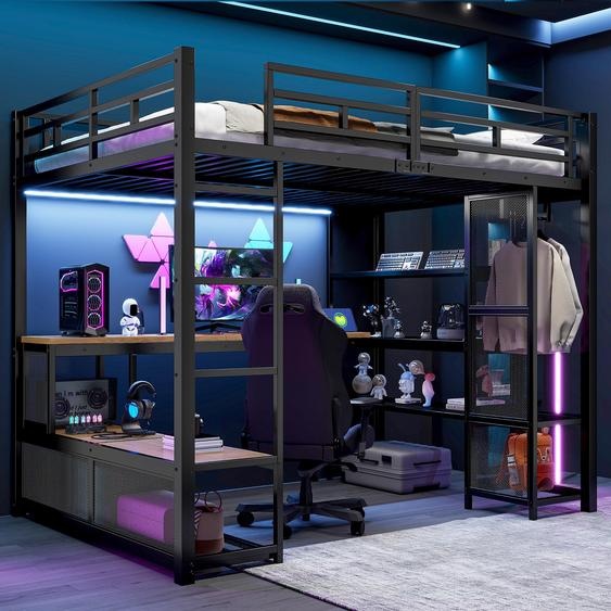 Lit superposé en métal, dimensions 140x200 cm, avec espace de rangement, armoire, port USB et éclairage LED, couleur noire