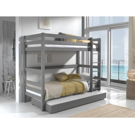Lit superposé en pin massif gris 209x105x182cm avec lit gigogne - Vipack PINO